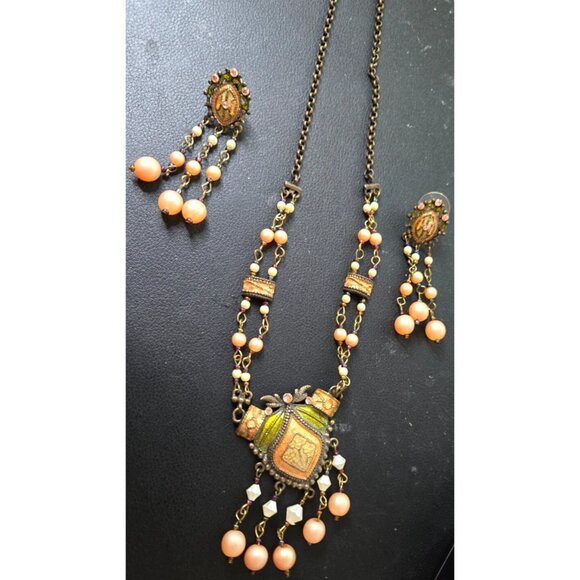 Vintage Enamel Brass Necklace & Earring Set  Rhinestone & Faux Pearl Dangles - Picture 3 of 8